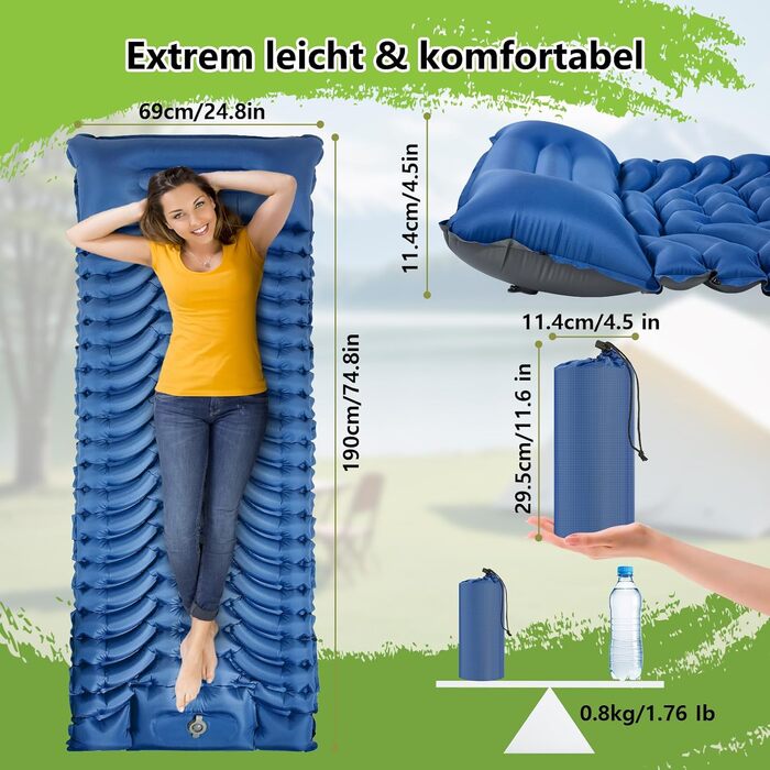MEIJO Саморозгортальний килимок для кемпінгу, ізомат, туристичний килимок, самонадувна повітряна матрац для відпочинку на природі, похідів, кемпінгу, пляжу, блакитний & сірий