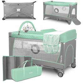 Lionelo Flower 4in1 Travel Cot Baby, Playard Baby with Side Entrance, Changing Table, Two Mattress Suspension Heights, Toy Arch with Figures, Wheels, Carry Bag 1 Piece (1 Pack) Turquoise