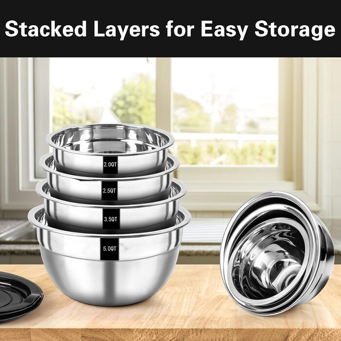 Wildone Mixing Bowl Set, 7-Piece Stainless Steel Bowl Set with Airtight Lids, Stackable, Dishwasher Safe, Sizes 5, 3.5, 2.5, 2, 1.5, 1, 0.67 QT, ideal for mixing and serving