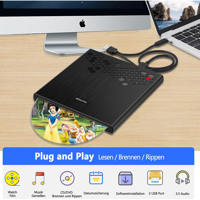 Зовнішній CD/DVD привід для ноутбука USB-C: слот-ін DVD-брунер та плеєр для Mac, MacBook, Windows з кнопкою вильоту