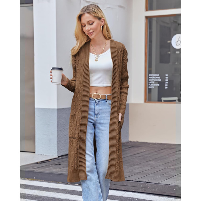 Жіночий в'язаний кардиган Saodimallsu Strickjacke: довгий, об'ємний, з кишенями, світло-зелений (колір: коричневий, розмір: S)