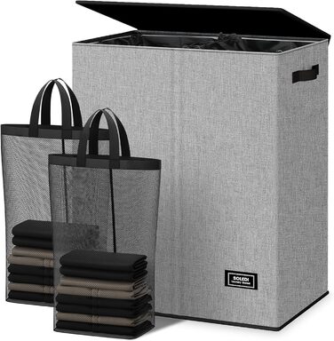 SOLEDI 145L Laundry Basket, Laundry Hamper with 2 Compartments and Lid and 2 Laundry Bags - Laundry Sorter Large XXXL For Bathroom, Bedroom, Laundry Room, Children's Room - 2 x 72.5L Grey
