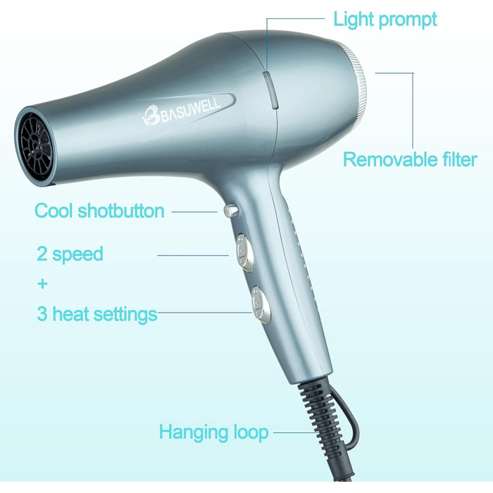 Фен Basuwell Ionen Pro 2100W з дифузором: 3 режими, 2 швидкості, інфрачервовий, AC-двигун (срібний)