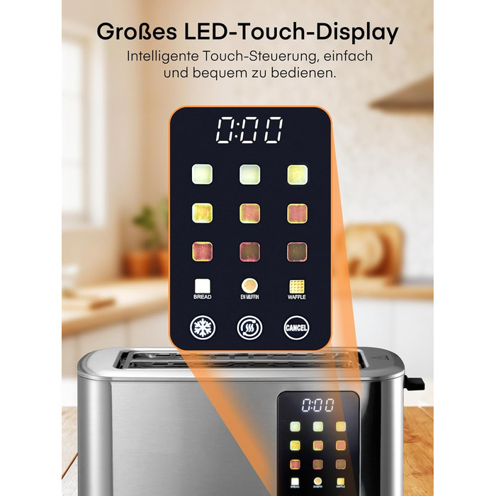 Тостер 4-х секційний, 1400W, нержавіюча сталь, довгий проріз, 9 налаштувань підсмажування, 3 види хліба, функція відміни, розморожування, підігріву, сенсорне керування, з підставою для булок, сріблястий