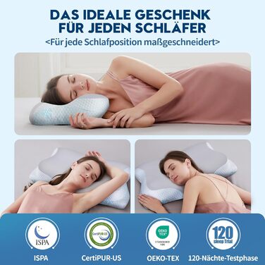 Ортопедична подушка CloudÉtoile з Memory Foam - 2-в-1. Ергономічна подушка для сну на боці, спині та животі. Підтримка шиї. Білий колір (64x38x12 см, сірий)