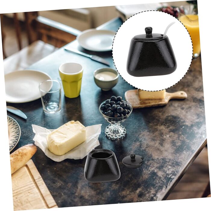 DOITOOL Sugar Bowl with Lid and Ceramic Sugar Bowl Porcelain Spice Jar Spice Container Sugar Container for Home Kitchen Coffee Bar Black