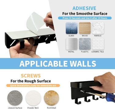 Настінна вішалка для ключів GTK з підносом та 6 гачками, чорна. Організатор для ключів та пошти