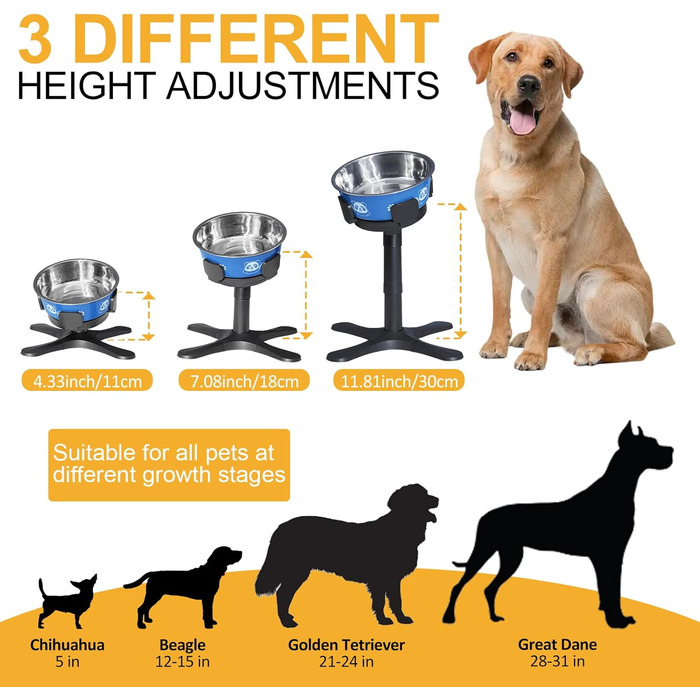 Підвищений годівниця для собак DOUDING з нержавіючої сталі, регульована висота та нахил, антиковзаюча, для малих, середніх та великих собак