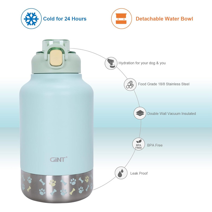 GiNT Термопляшка з нержавіючої сталі для собак та людей, 3-в-1, з мисками та сумкою, вилка-поїльник, для подорожей, прогулянок, кемпінгу, авто (Зелена)