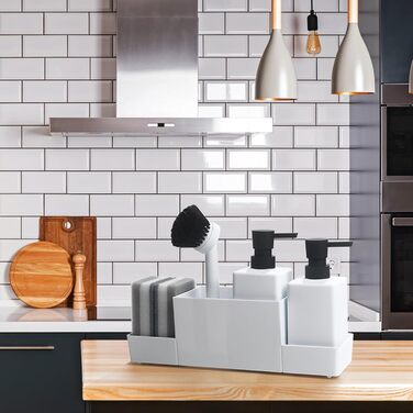 Dish Soap and Hand Soap Dispenser Kitchen Set with Sponge Holder and Brush, Dish Soap Dispenser Kitchen Black, Soap and Dish Soap Dispenser Set Kitchen Gadget Sink Organizer with Soap Dispenser (White, 4 in 1)