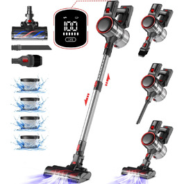 Акумуляторний пилосос Authmic 45000Pa з сенсорним екраном, HEPA фільтр H13, антизаплутувальна щітка, для твердих поверхонь, килимів, шерсті тварин (червоний)