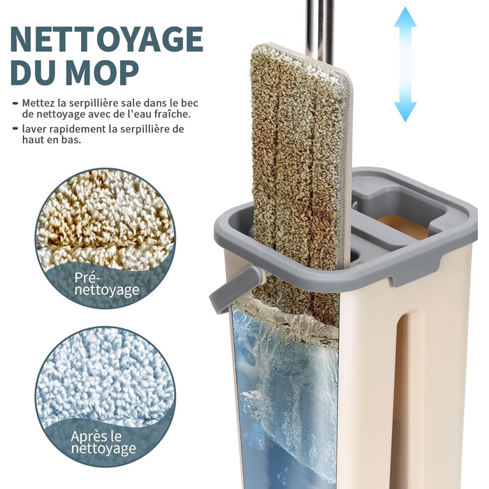 Набір для миття підлоги з відром, Masthome: компактний моп з відром та вичавкою, 3 мікрофібрових насадок, нержавіюча сталь, 2-в-1, для дерев'яних, плиткових та мармурових підлог, бежевий, 2.9л
