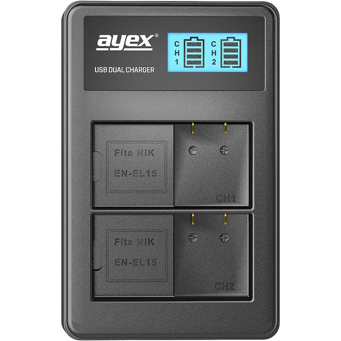 Зарядний пристрій USB Dual для акумуляторів Nikon EN-EL15 (Z7 II, Z6 II, Z5, D850, D780, D750, D600) з LCD-дисплеєм