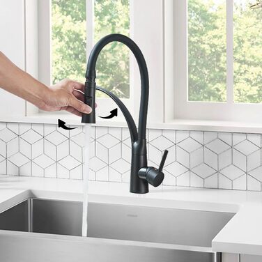 Кухонний змішувач з двома виливами, поворотний 360°, з висувною лійкою, з спіральною пружиною, для мийки, чорний, з матовою обробкою