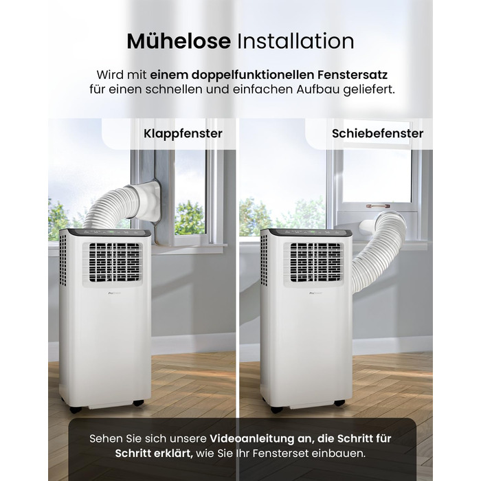 Мобільний кондиціонер Pro Breeze™ 9000 BTU 4-в-1: охолоджувач, вентилятор, осушувач, нічний режим, клас енергоефективності A, комплект для ущільнення вікна, пульт ДК та таймер 24 години, білий