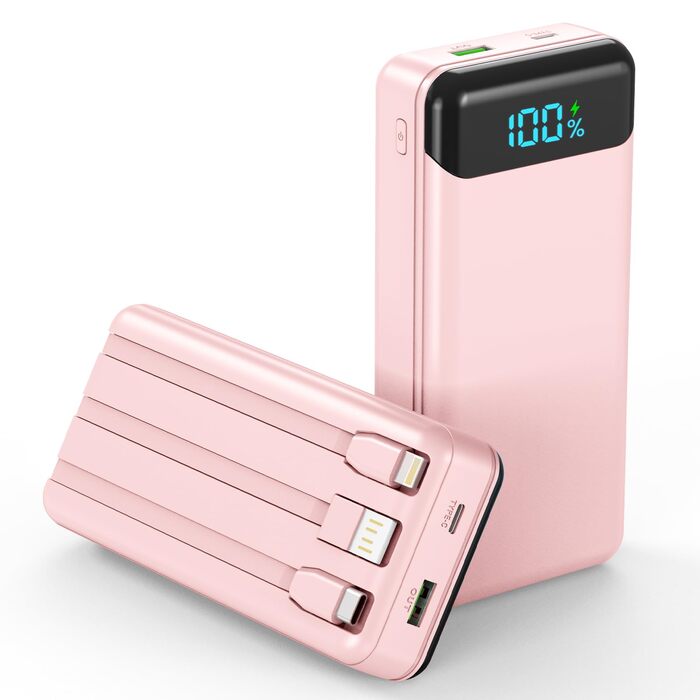 Power Bank Enerwow 27000mAh з USB-C кабелем, 4 порти, LED дисплей - Зовнішній акумулятор для iPhone та інших пристроїв (Рожевий, P300C)