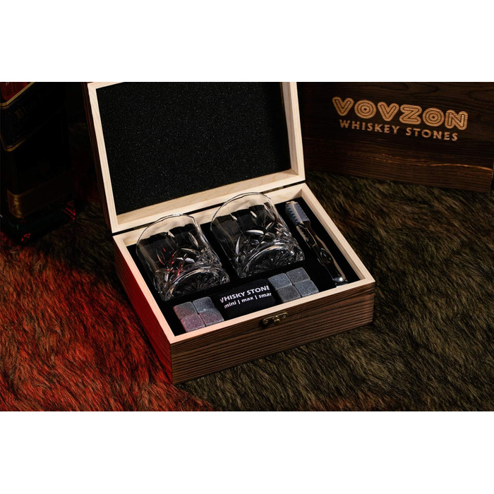 Whiskey Stones Gift Set for Men - 8 Whiskey Scotch Bourbon Chilling Stones, 2 Whiskey Glasses in Wooden Box - Christmas/Father's Day/Birthday/Gift for Dad Papa Friend