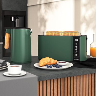 Набір кухонних приладів Arendo: чайник з регулюванням температури та тостер на 4 шматочки з LED-дисплеєм – зелений (Set 1)