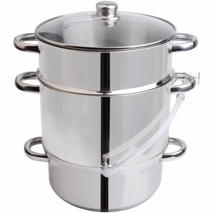 Grafner 8.5 Liter Stainless Steel Steamer/Juicer, diameter Ø26cm, with drain tap and glass lid, induction-compatible, ideal for juice and jelly, fruit pot juicer, fruit press, fruit and vegetable juicer.