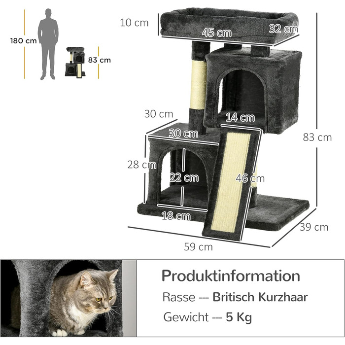 PawHut Scratching Post 83 cm Small Cat Scratching Post with Sisal Pillars, Cat Scratching Post, Cat Climbing Tree, Cat Tree, Cat Furniture Play Tree for Small Cats, Dark Grey