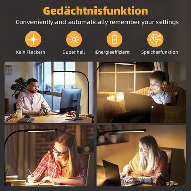 LED лампа для столу з кріпленням, регульована яскравість, 3 кольори та 10 рівнів, захист для очей, чорна