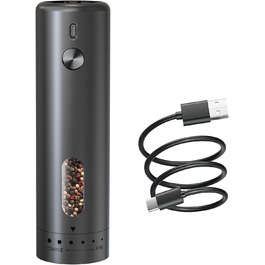 Electric rechargeable salt and pepper grinder, automatic electric pepper grinder with large 110ml capacity, externally adjustable coarseness, LED light, and one-handed operation, black