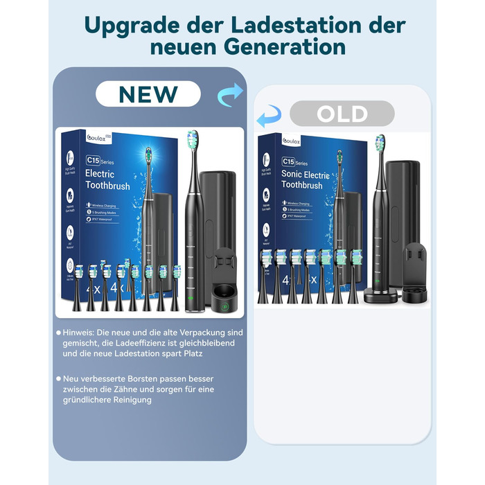 Електрична звукова зубна щітка для дорослих - відбілювання, ультразвукова, з кейсом для подорожей та зарядною станцією, 8 насадок, 5 режимів чищення (Чорна)