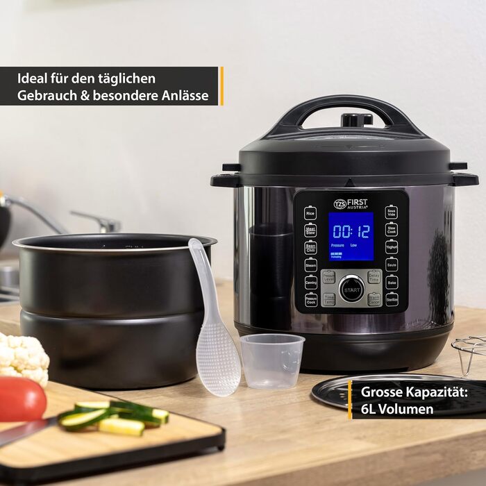 TZS First Austria Electric Pressure Cooker 6L | Multi-Cooker | 12 Programs Pressure Cooker | Rice Cooker | Steamer with Keep Warm Function, Grey-Black Stainless Steel Grey/Black