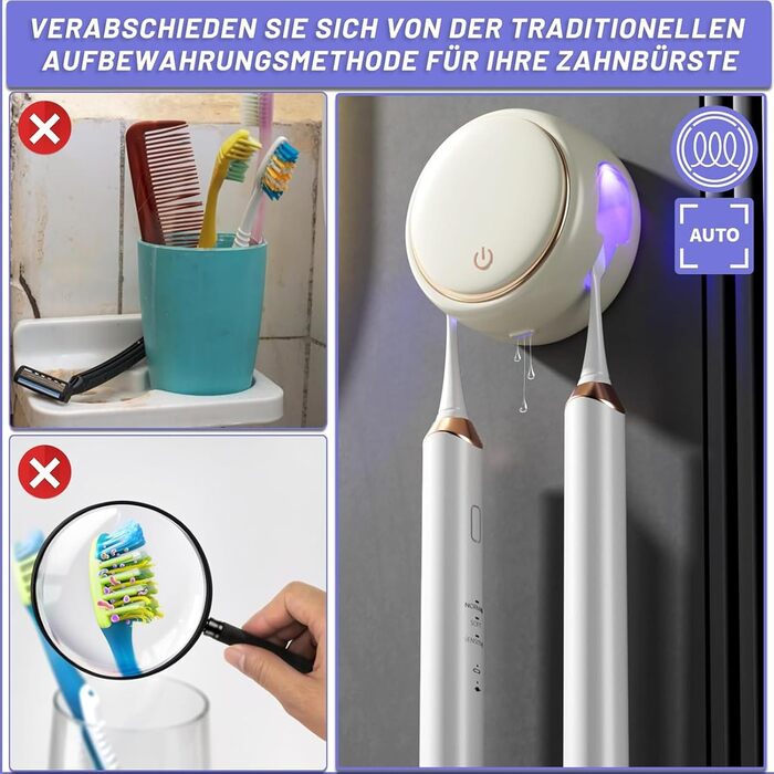 Maxspace UV Toothbrush Sterilizer, UV Disinfection Toothbrush Holder for Wall Mounting with Drying, Rechargeable Toothbrush Holder with 2 Toothbrush Compartments for Bathroom (White)