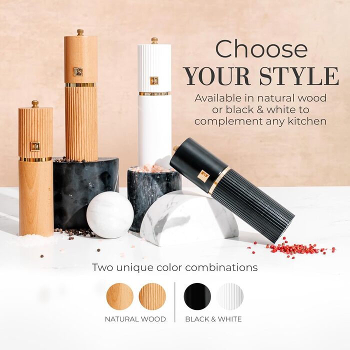Набір для солі та перцю Styled Settings – 2 шт. ручні млини з регульованим керамічним жорном та дерев'яною підставкою. Ідеальний подарунок (бук).