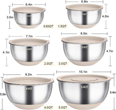 Mixing Bowl Set of 6, Stainless Steel Bowl Salad Bowl Set with Lid & Silicone Bottom, 3 Grater Attachments, 4.7l/3.8l/2.8l/1.9l/1.4l/0.6l, Non-Slip & Stackable - Khaki