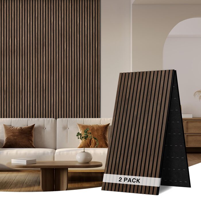 Акустична настінна панель з натурального шпона Темний горіх, 240x60x1.8 см, дерев'яна панель для звукоізоляції вітальні, офісу та студії (1 шт)