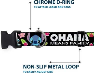 Нашийник Buckle-Down з пластиковим кліпом - Ohana Means Family/Stitch & Scrump Poses/Тропічні квіти. Чорний/Білий/Багато кольорів. Ширина 2.5 см. Підходить для шиї 38-66 см. Великий