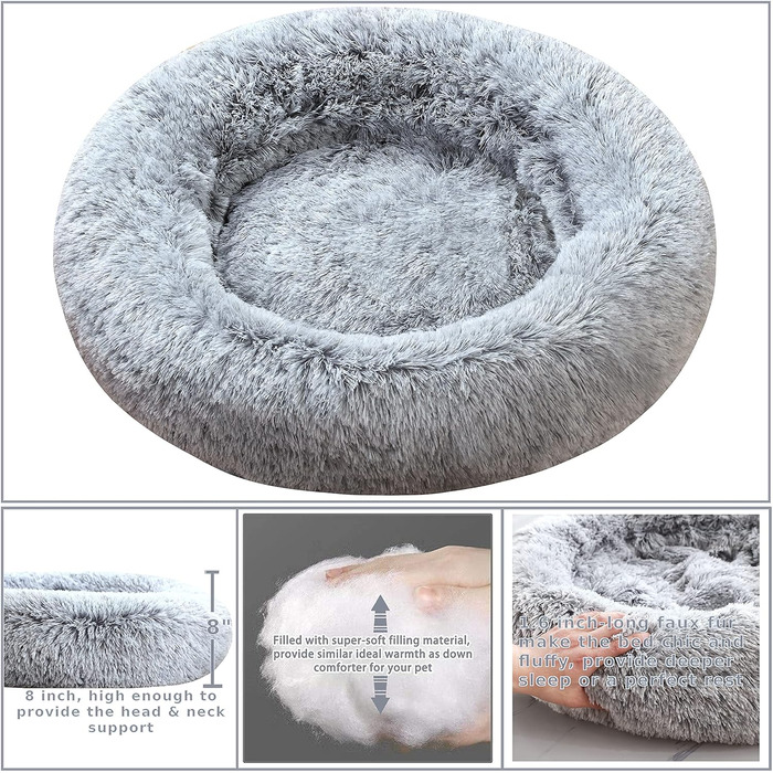 Крісло-гніздо для собак XXXL, кругле, знімний, пральний чохол, анти-тривожне, штучне хутро, м'яке, комфортне, пухнасте ліжко для домашніх тварин (115 см, сірий)