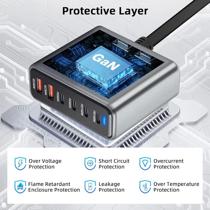 Зарядний пристрій Arceli USB-C 10 портів GaN III 470W PD QC4.0 для iPhone 16/15/14 Pro Max, Samsung Galaxy, MacBook, планшетів, ноутбуків