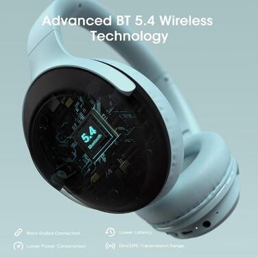 DOQAUS Бездротові Bluetooth навушники з мікрофоном, 70 годин роботи, Bluetooth 5.3, Over-Ear, 3 режими EQ, HiFi, складні, для (блакитний)