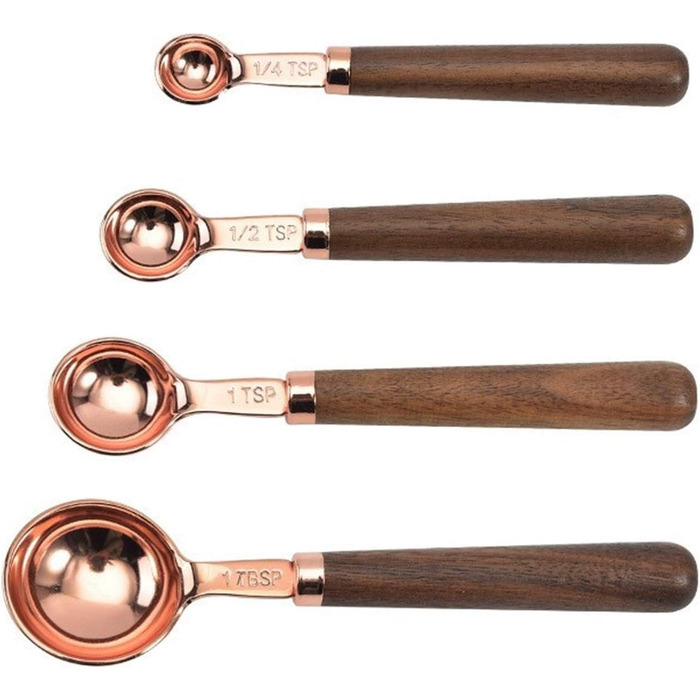 Walnut-Handle Measuring Spoon Set, Copper-Plated Measuring Cups and Spoons, Baking and Cooking Utensils for Kitchen (Color: Gold, Size: Measuring Spoon 4pc)