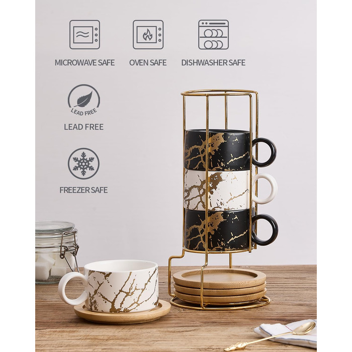 Набір чашок кавових Cappuccino HOME DECOR - 4 шт. по 160 мл з підставками та стійкою - 160 мл, кераміка, для еспресо, капучино, лате, мармурова колекція