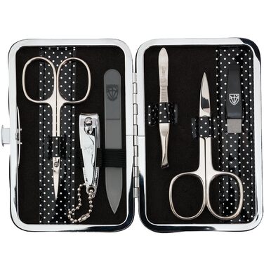 Набір для манікюру Drei Schwertter 'Genova' 6 предметів | Чорний лакований шкірозамінник з крапками | Ніж для нігтів, ножиці для кутикули, кусачки для нігтів, скляна пилка для нігтів, пінцет, алмазна пилка для нігтів