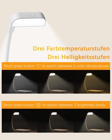 LED-лампа для читання з USB-зарядкою, 9 світлодіодів, 3 режими температури кольору, регульована яскравість, гнучкий поворот на 360°, для читання в ліжку