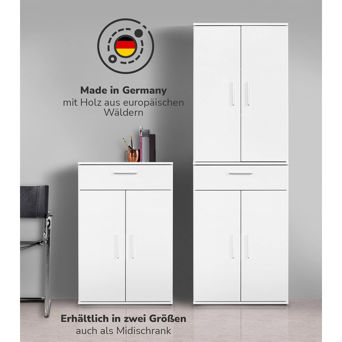 Multipurpose cabinet 60cm wide with drawers 'The Practical', small office cabinet or filing cabinet, also as a shoe cabinet or storage cabinet in 60x90x34 cm (W/H/D) in white