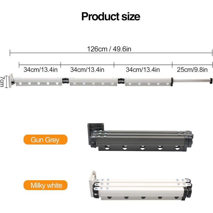 Висувна сушарка для одягу, 3-секційна, настінна штанга для одягу 126 см, економна, складана сушарка з гачками, для балкону, прання, ванної кімнати, білий, молочно-білий