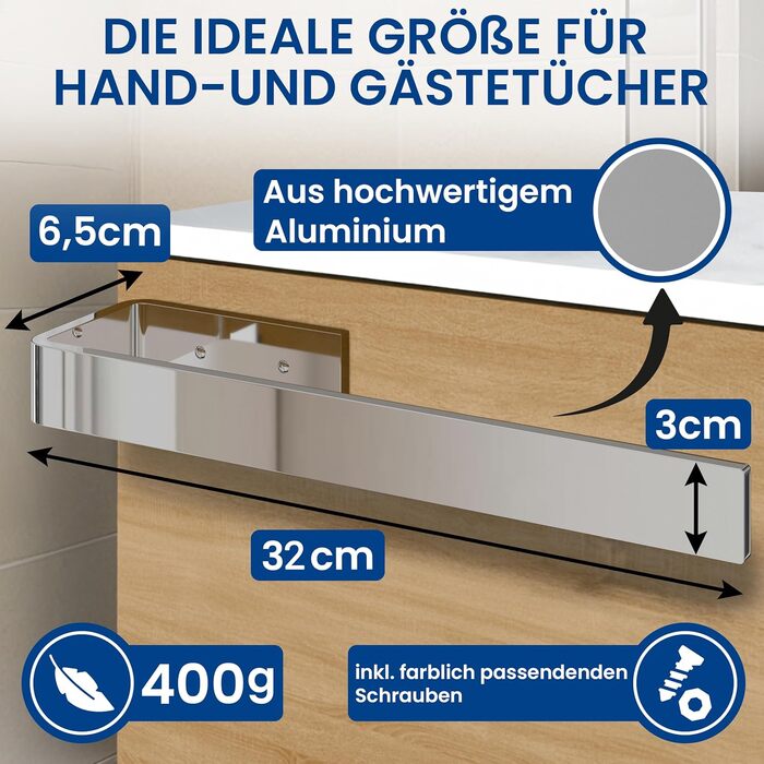 Тримач для рушників на стіну rtmr, хром, 32 см. Стильний тримач для рушників з алюмінію, для ванної кімнати та гостьового туалету. Компактний, настінний.