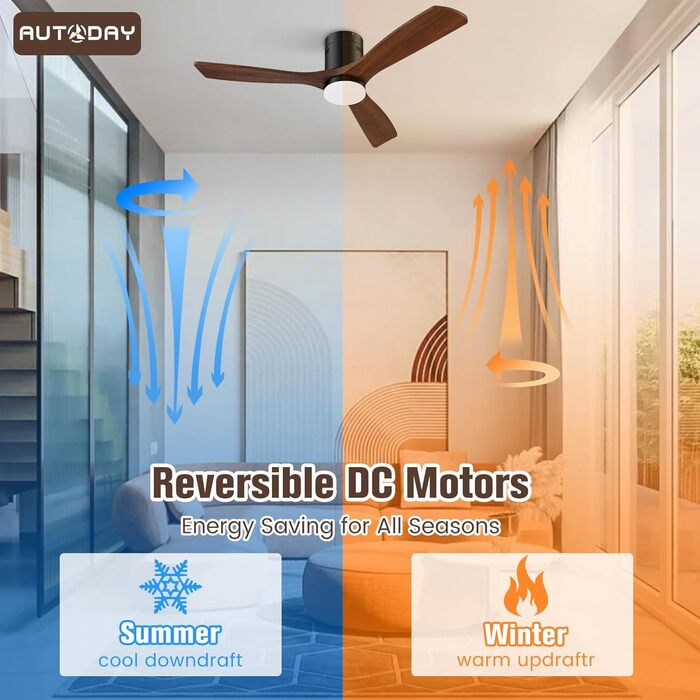 Стеляний вентилятор з дерева з підсвічуванням та керуванням, 132 см, 24W LED, DC-двигун, 6 швидкостей, таймер, пульт дистанційного керування