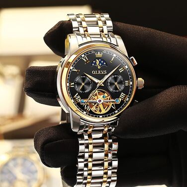 Чоловічий механічний годинник OLEVS Skeleton з фазою місяця, водонепроникний, сталевий браслет, люміноцірувані стрілки, чорний