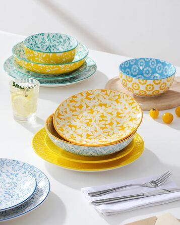 Набір посуду Vancasso Selene на 6 осіб, 24 елементи: тарілки, супові тарілки, миски, десертні тарілки з пастельного порцеляну. Підходить для мікрохвильової печі.