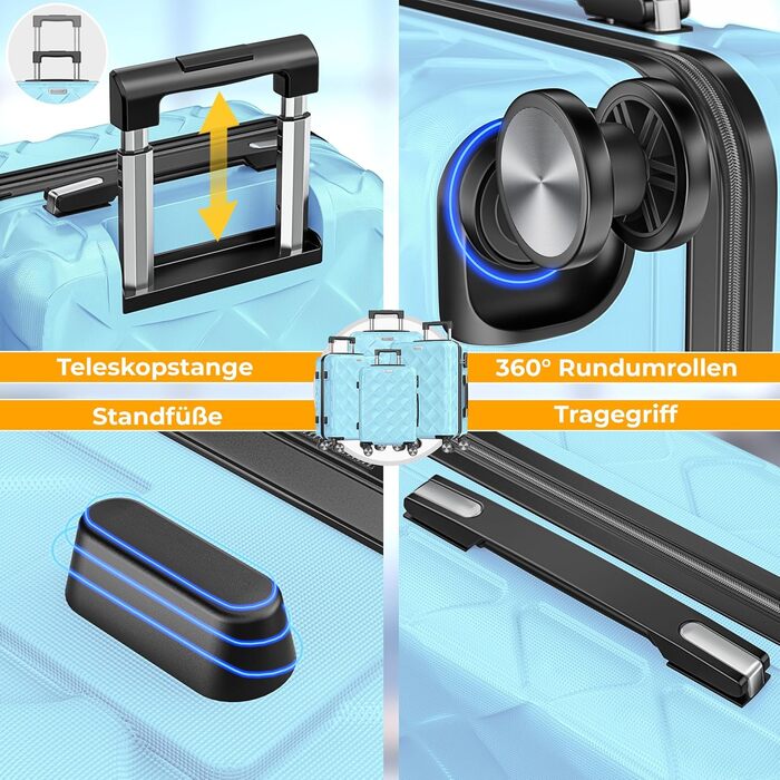 Набір валіз KESSER® 4 шт. | Валізи з ABS, кодований замок, ваги для багажу, органайзер для документів | Ручна та велика валіза для подорожей та бізнесу (Скай Блю)