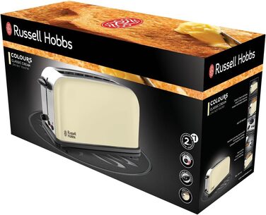 Тостер Russell Hobbs Colours+ з широким слотом, 2 скибки, нержавіюча сталь, кремовий, 1000 Вт, підставка для булочок, 6 режимів підсмажування, функція розморожування
