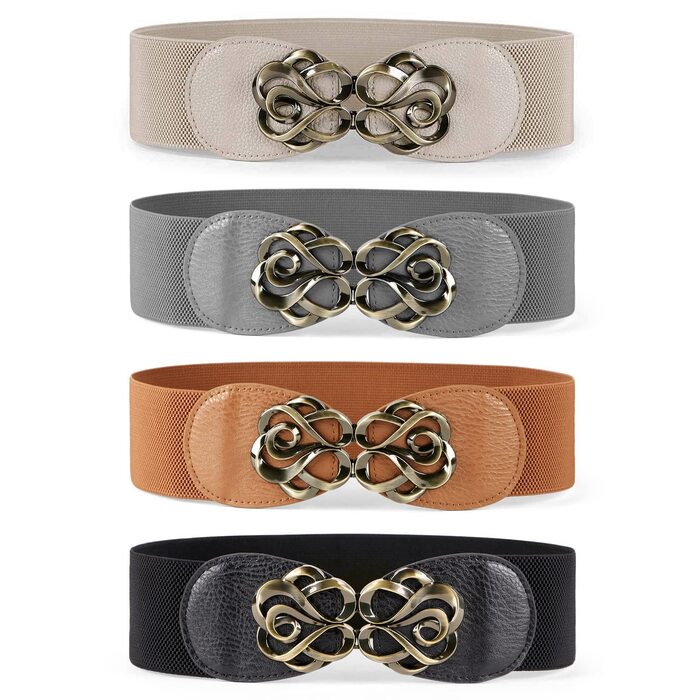 Жіночий широкий еластичний пояс JasGood (4 шт.): шкіряний стрейч для суконь, чорний, коричневий, сірий, бежевий, розмір 71-87 см