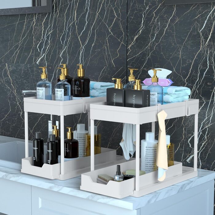 DEKAVA Kitchen Organizer, 2 Under Sink Shelf, Closet Kitchen Organizer with 4 Hooks, Closet Basket for Kitchen, Bathroom, Cleaning Supplies, Detergent (White/Opulent Garden)